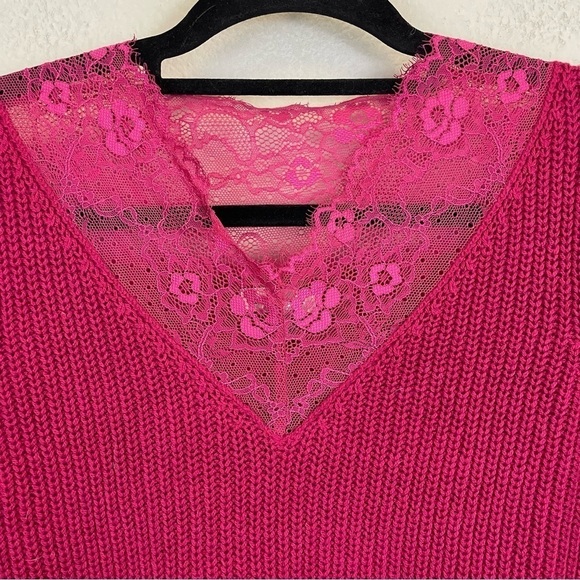 Sundance Magenta Pink V Neck Lace Trim Cotton Blend Pullover Sweater Small - Picture 4 of 9